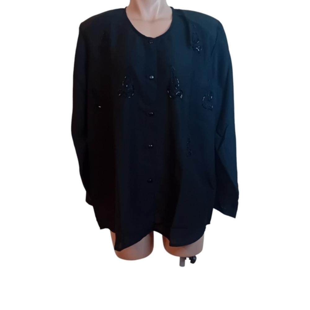 New Vintage NWT Ocean Point Button Up Beaded Shoulder Pad Blouse Formal Sheer XL